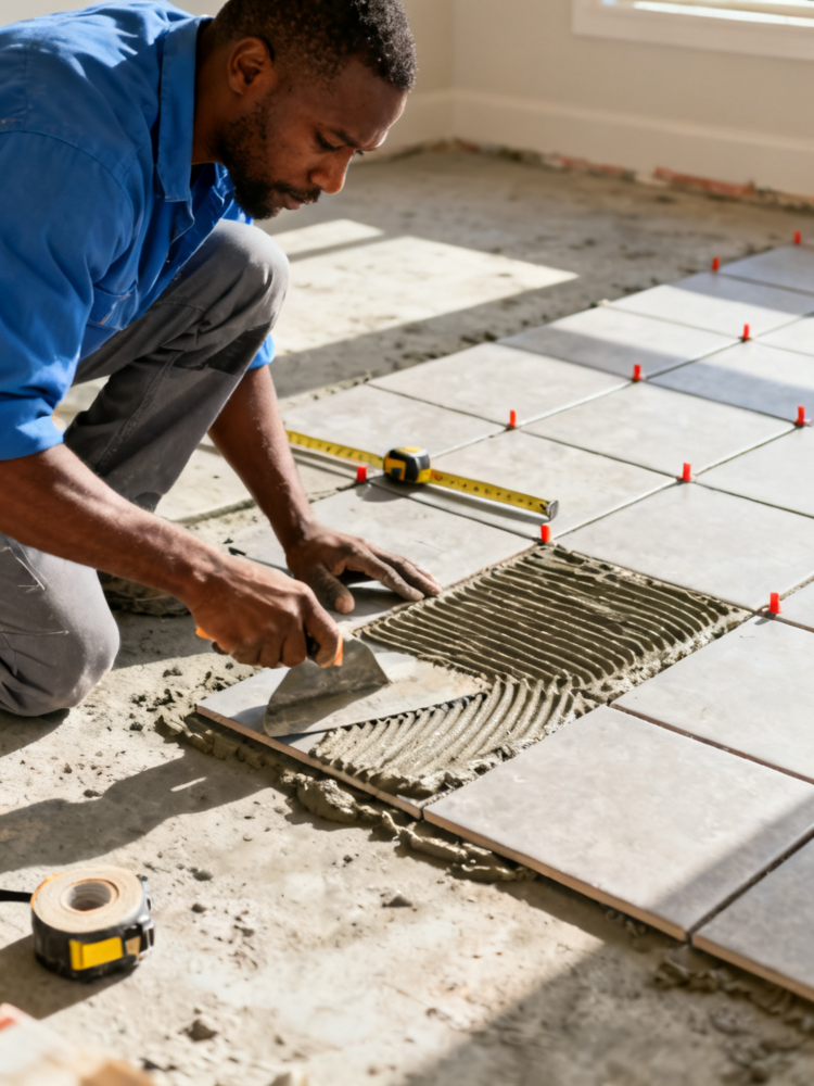 Professional tiler installing floor tiles